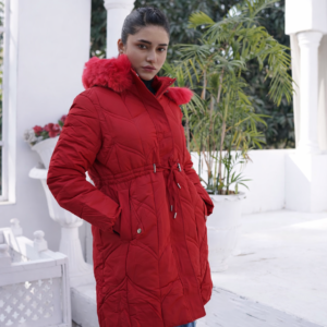 Women’s Long Puffer Winter Coat with Faux Fur Hood – Red