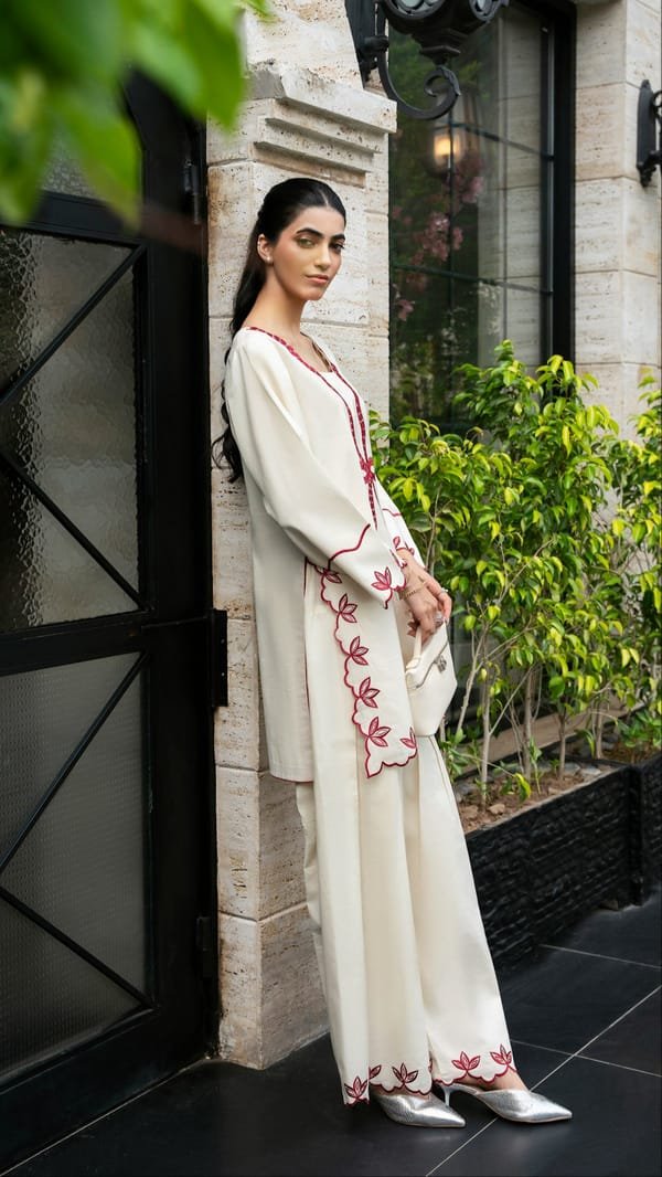 "Red and White Embroidered Kurta Set" - Image 3