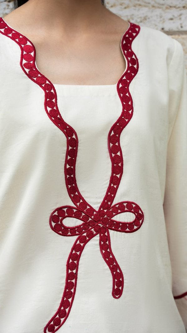 "Red and White Embroidered Kurta Set" - Image 2