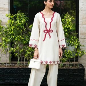 Red and White Embroidered Kurta Set”